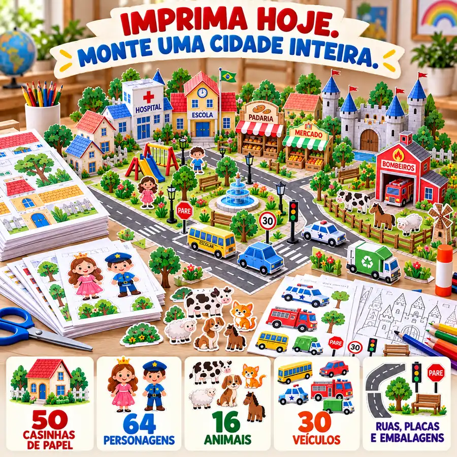 Cidade de papel 3D com 50 casinhas, personagens, animais e veículos para imprimir